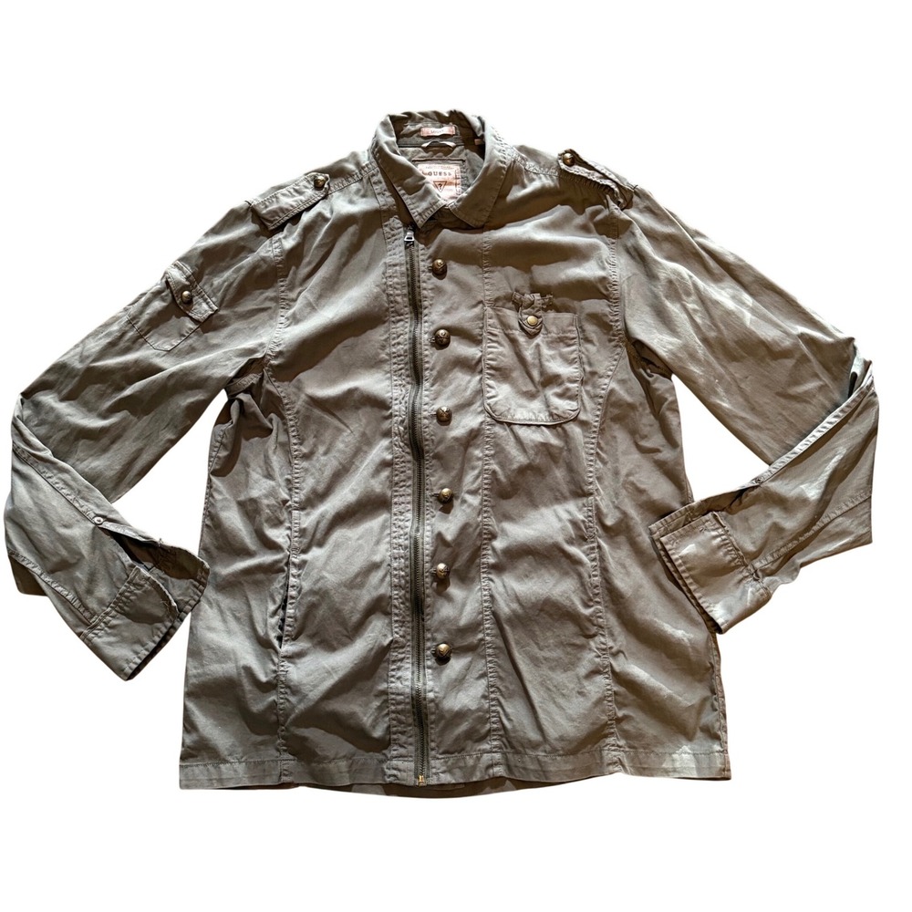 Guess Mens Military Field Jacket Olive Green Embroidered Graphic XL Utility